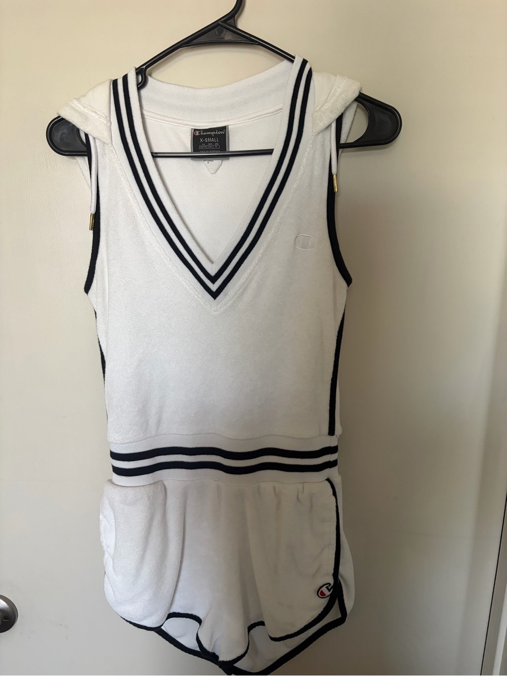 Champion White Terry Sleeveless Hooded Romper with Navy Trim